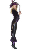 Side of purple and black women's pirate jacket with 3/4 leggings and hat