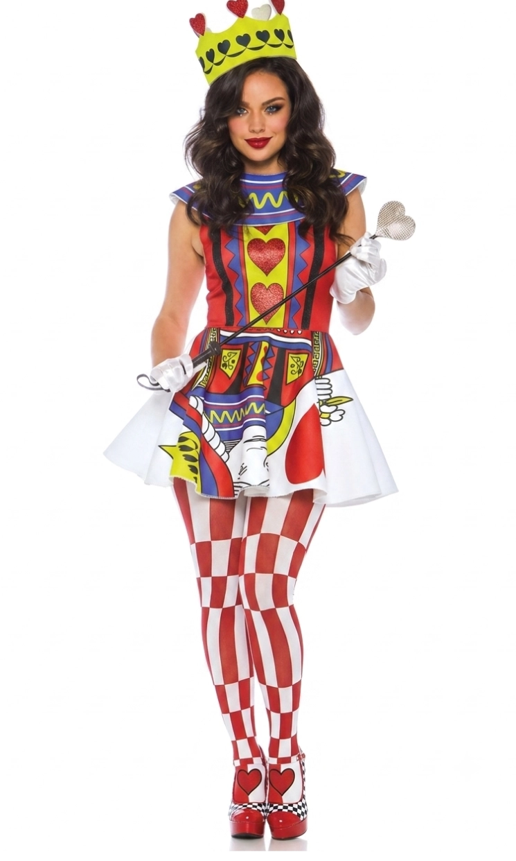 A woman modeling a Queen of Hearts costume against a plain white background. The costume includes a red and white checkered dress with a blue and yellow bodice, matching checkered tights, a yellow crown with red hearts, white gloves, and a silver scepter.