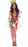 A woman modeling a Queen of Hearts costume against a plain white background. The costume includes a red and white checkered dress with a blue and yellow bodice, matching checkered tights, a yellow crown with red hearts, white gloves, and a silver scepter.