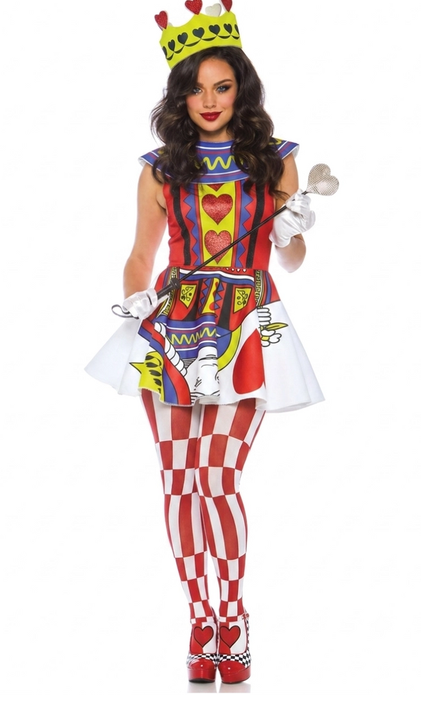 A woman modeling a Queen of Hearts costume against a plain white background. The costume includes a red and white checkered dress with a blue and yellow bodice, matching checkered tights, a yellow crown with red hearts, white gloves, and a silver scepter.