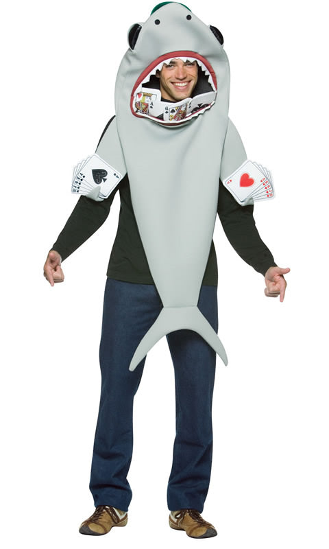 Shark over the head costume with playing cards on fins and in mouth