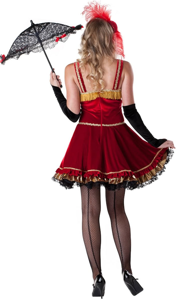 Back of red circus dress with petticoat, umbrella, gloves and headpiece