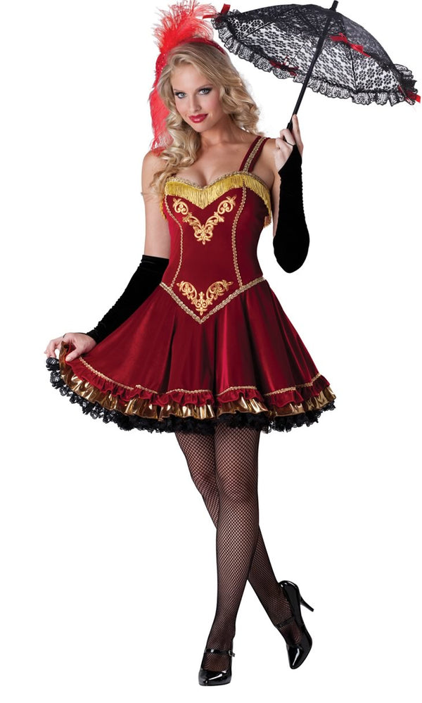 Red circus dress with petticoat, umbrella, gloves and headpiece