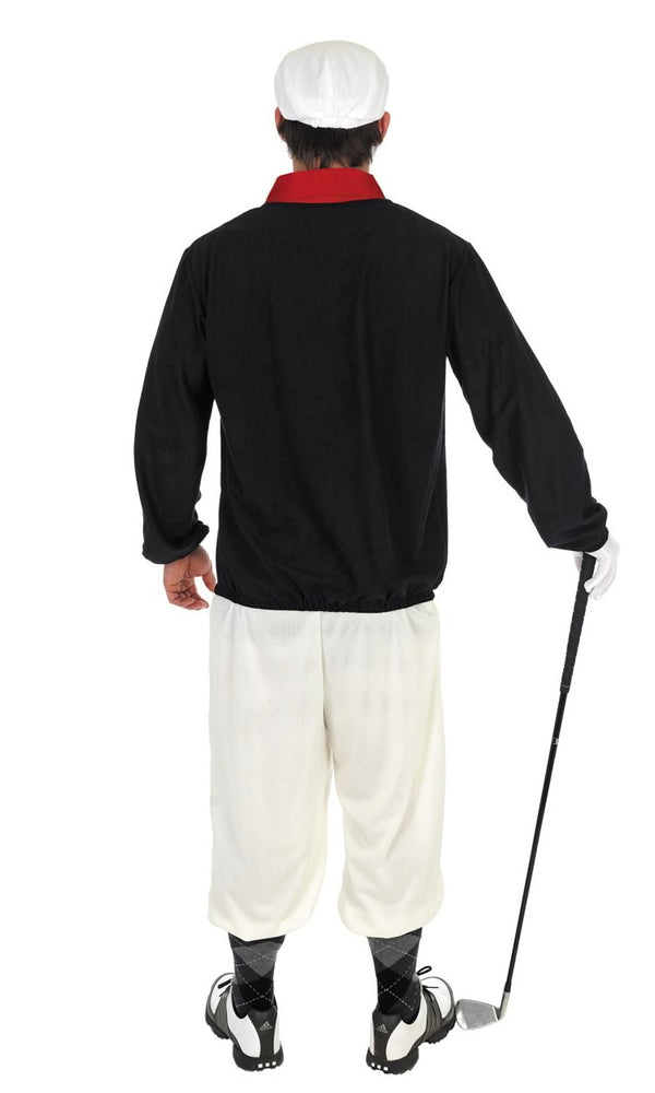 Back of golfer jersey with attached collar, gloves, hat and 3/4 pants
