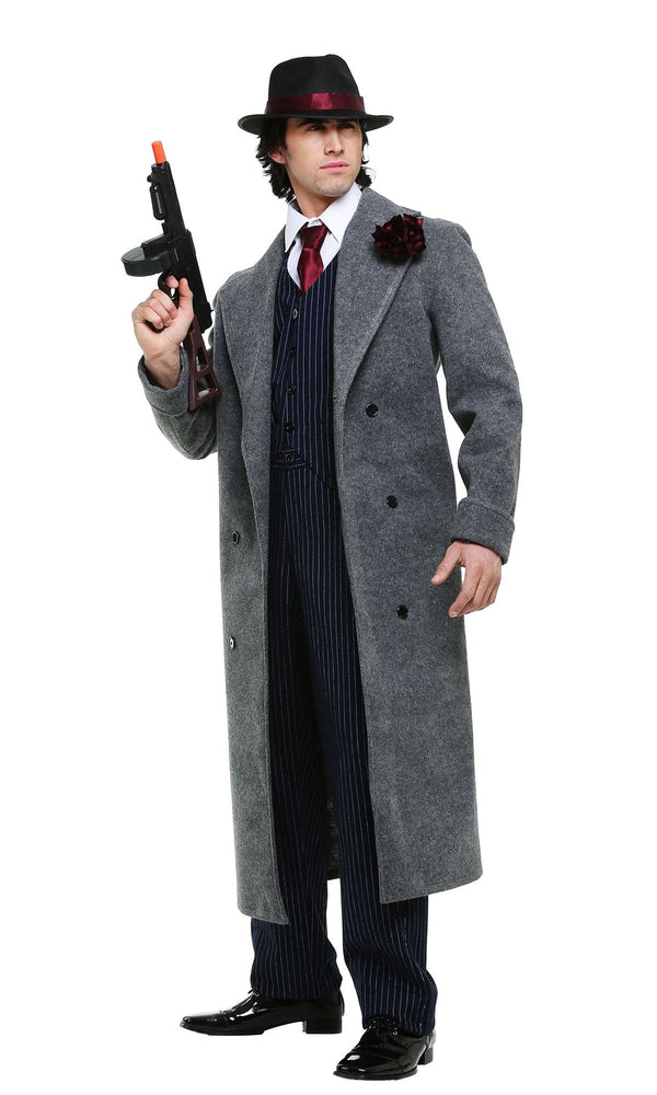 Gangster costume with grey jacket and pin stripe suit with hat