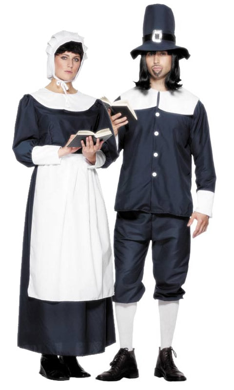 Colonial man costume with hat and 3/4 pants next to partner