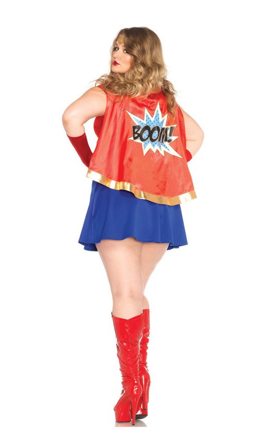 Back of super hero plus size short dress with red cape, headband and belt