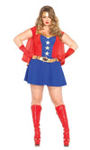 Super hero plus size short dress with red cape, headband and belt
