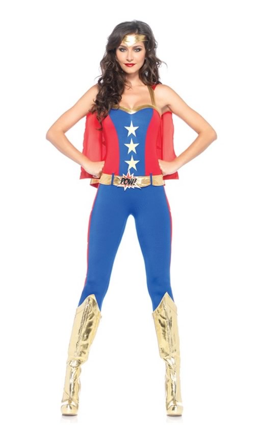 Blue and red super hero costume with red cape, headband and belt