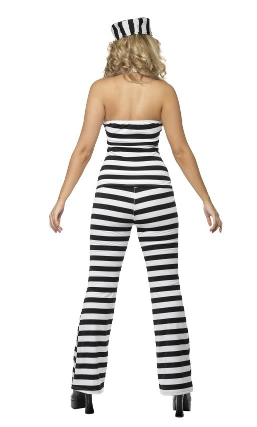Back of women's black and white striped convict costume with hat