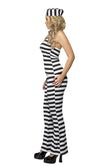 Side of women's black and white striped convict costume with hat