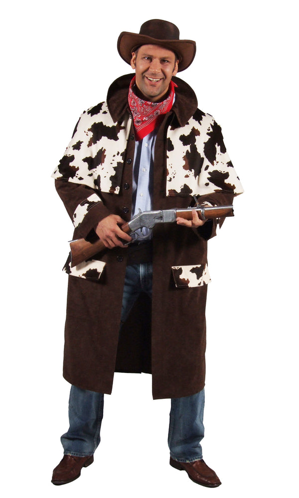 Brown and white cowboy jacket, hat and red bandana