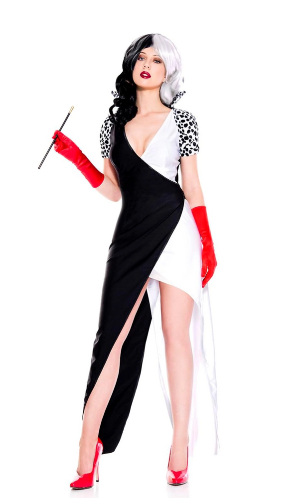 A woman modeling a black and white asymmetrical dress in Cruella style with leopard-print short sleeves, red gloves, and red high heels.