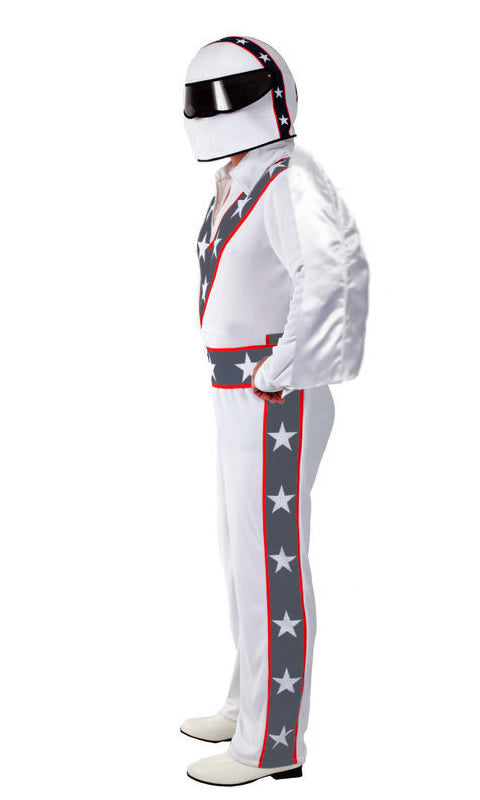 Side of white, red and blue stuntman costume with helmet and cape