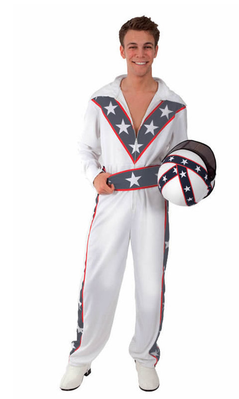 White, red and blue stuntman costume with helmet and cape