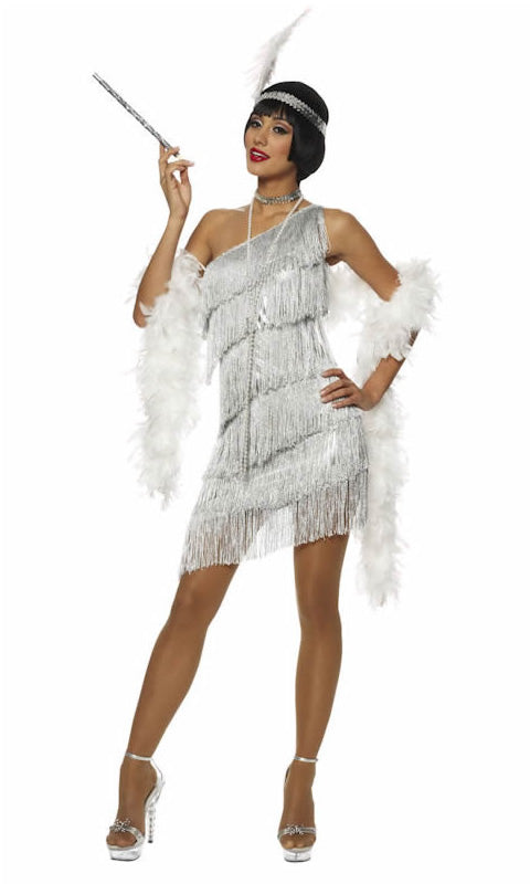 Short silver flapper dress with tassels, choker, necklace and headband