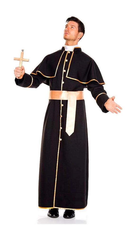 A man modeling a black priest costume with gold trim, a white collar, a white waist sash, and a white hanging tab, holding a small cross.