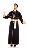 A man modeling a black priest costume with gold trim, a white collar, a white waist sash, and a white hanging tab, holding a small cross.