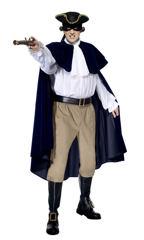 Dick Turpin costume with cape, tan 3/4 trousers and shirta