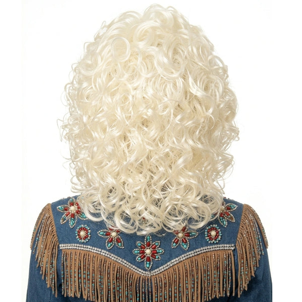 Back of a long blonde Dolly Parton style wig