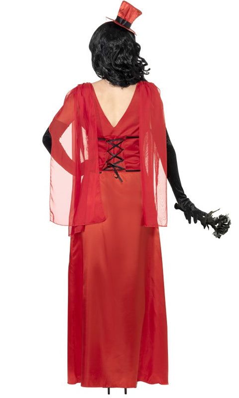 Draculas Bride rental costume with a red satin dress, sheer cape, black lace-up back, and matching top hat for a gothic look.