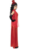Draculas Bride rental costume in vibrant red with a top hat and black gloves, perfect for themed events or parties.