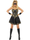 A woman modeling a black and gold superhero costume with a corset-style top, pleated mini skirt, black mask, gold neckpiece, black armbands, and black knee-high boots.