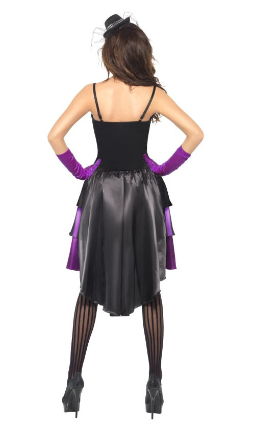 Back of purple and black burlesque dress with petticoat