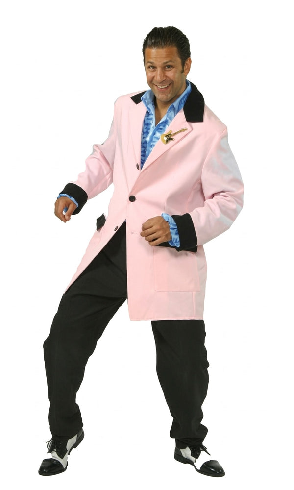 1950s teddy boy pink jacket with black trim and black pants