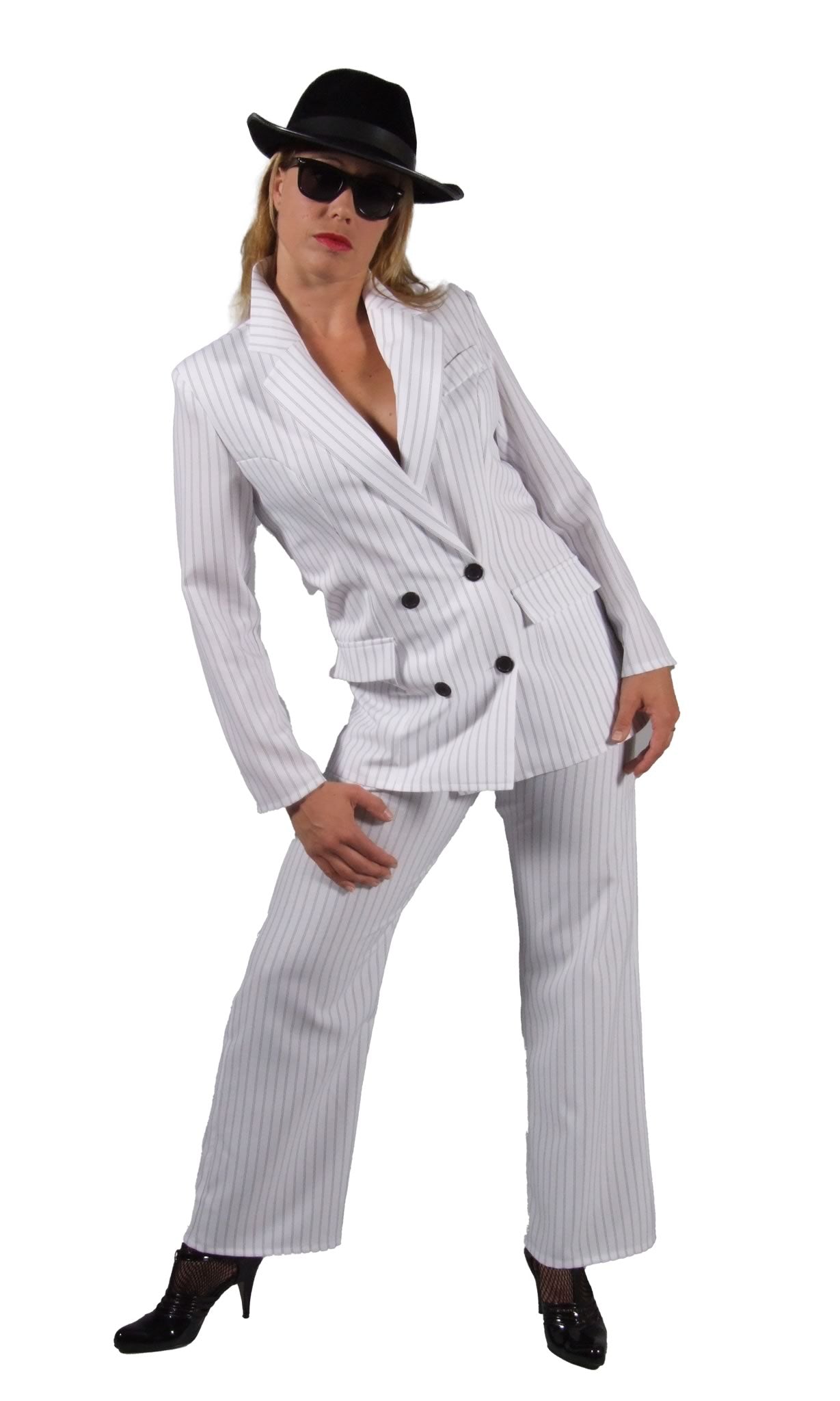 White pinstripe gangster lady costume