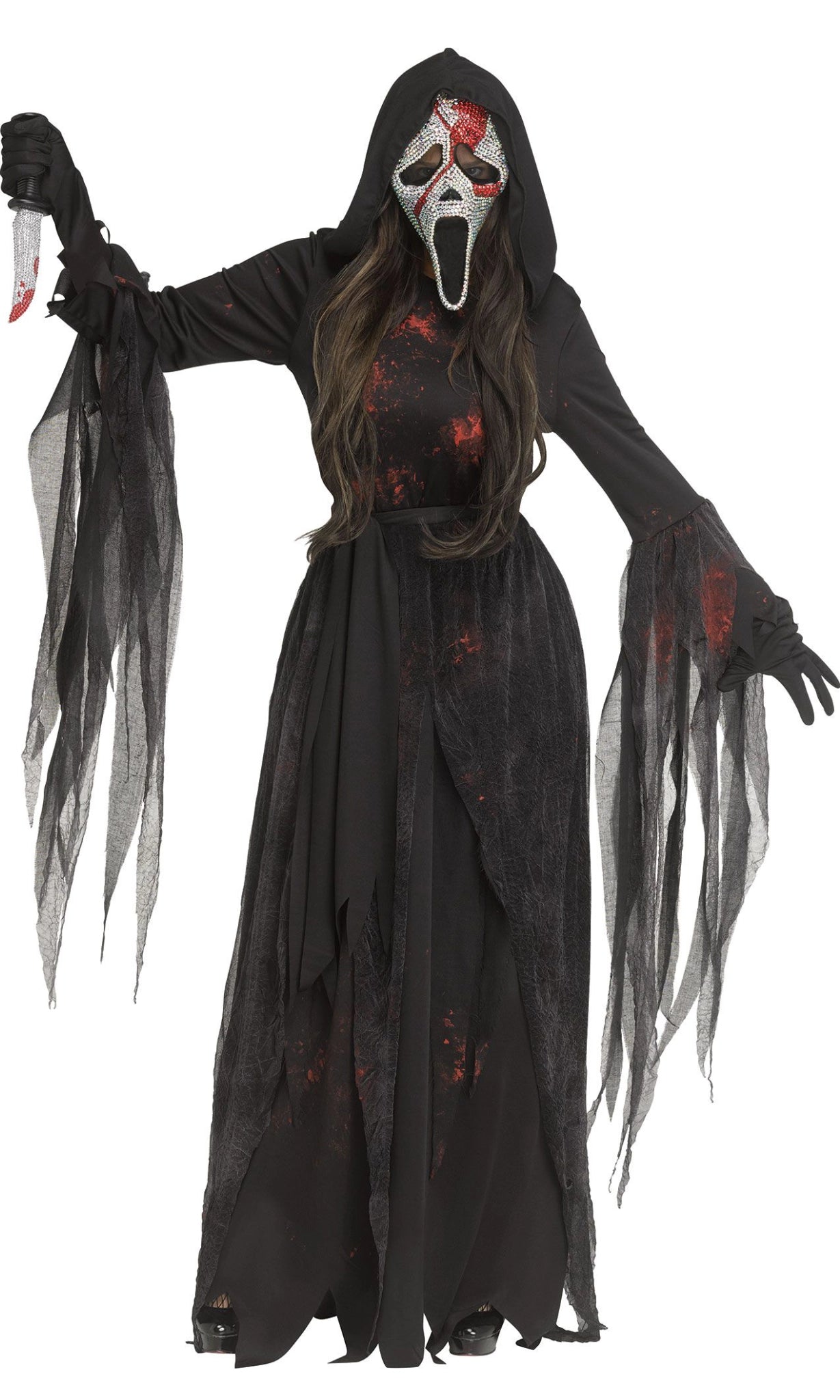 A person modeling a Ghostface-style Halloween costume. The costume includes a long black hooded robe with tattered sleeves and hem, a white mask with red blood-like splatter and an open mouth, long dark hair, black gloves, and a knife prop in one hand.