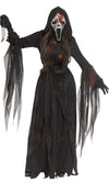 A person modeling a Ghostface-style Halloween costume. The costume includes a long black hooded robe with tattered sleeves and hem, a white mask with red blood-like splatter and an open mouth, long dark hair, black gloves, and a knife prop in one hand.