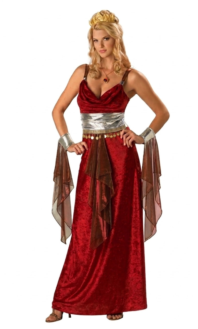 Long red Roman dress with wrist cuffs, drapes and headpiece