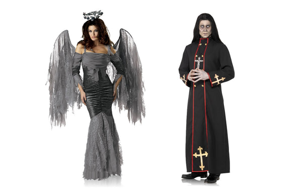 Two people in Halloween costumes, one dark angelic and one dark priest, on a white background.