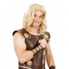A man wearing a brown leather-look gladiator-style costume top with gold-tone circular accents, black lace-up arm details, and a blonde wig.