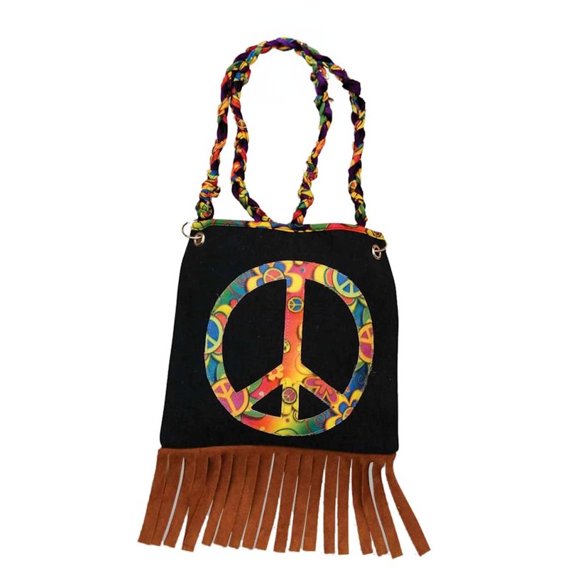 Black hippy costume bag with brown tassels and rainbow peace sign