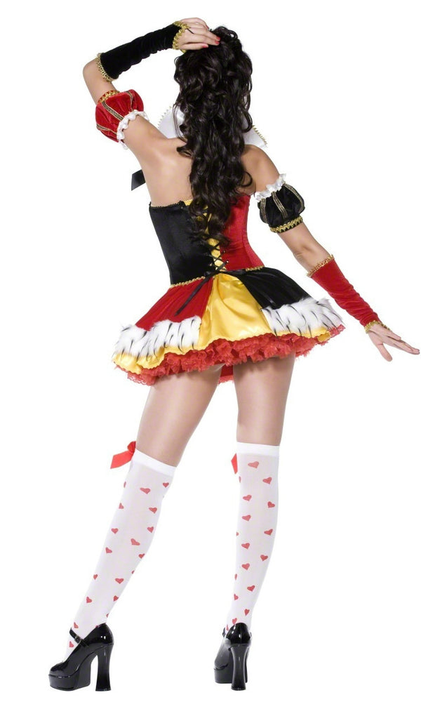 Back of a woman wearing a short red, black, and yellow queen costume with heart-themed accessories