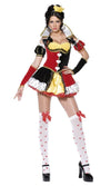 Woman wearing a short red, black, and yellow queen costume with heart-themed accessories