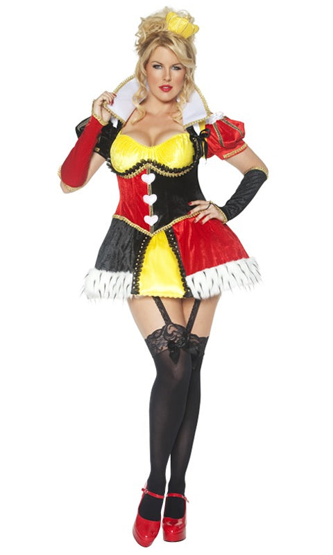 A model wearing a plus-size queen costume with a red and yellow color scheme, featuring an attached overskirt, sleeves, petticoat, corset vest, and a headband with a crown.