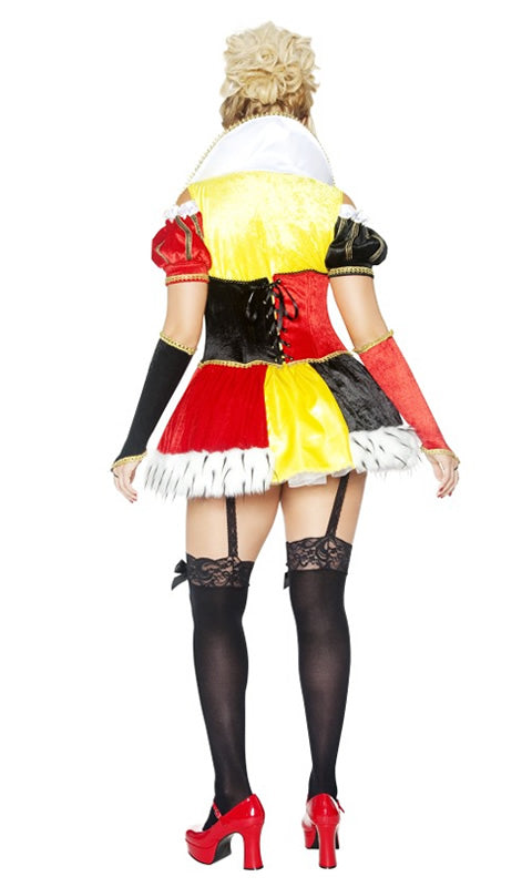Back of a model wearing a plus-size queen costume with a red and yellow color scheme, featuring an attached overskirt, sleeves, petticoat, corset vest, and a headband with a crown.