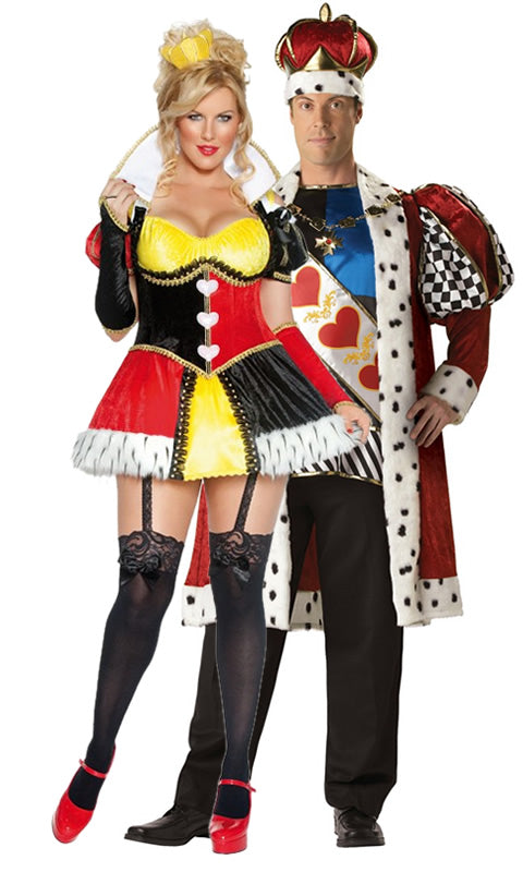 A couple dressed as the King and Queen of Hearts, with crowns