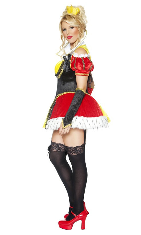 Side view of a model wearing a plus-size queen costume with a red and yellow color scheme, featuring an attached overskirt, sleeves, petticoat, corset vest, and a headband with a crown.