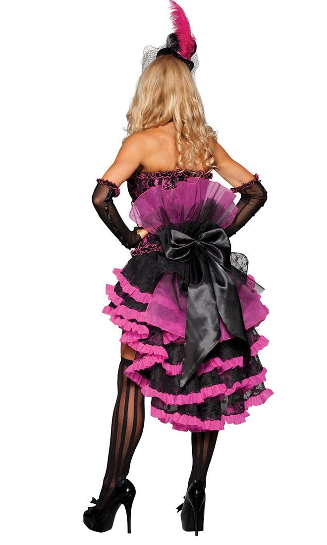 Back of short pink and black burlesque halterneck dress, skirt, glovelettes and hat
