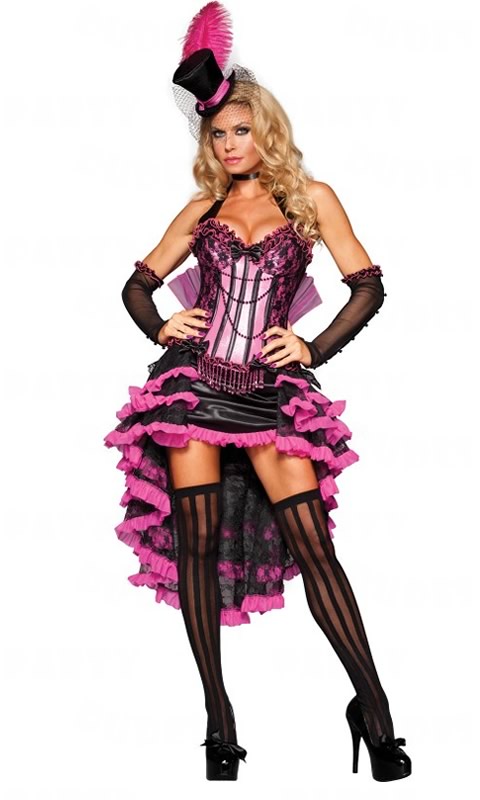 Short pink and black burlesque halterneck dress, skirt, glovelettes and hat