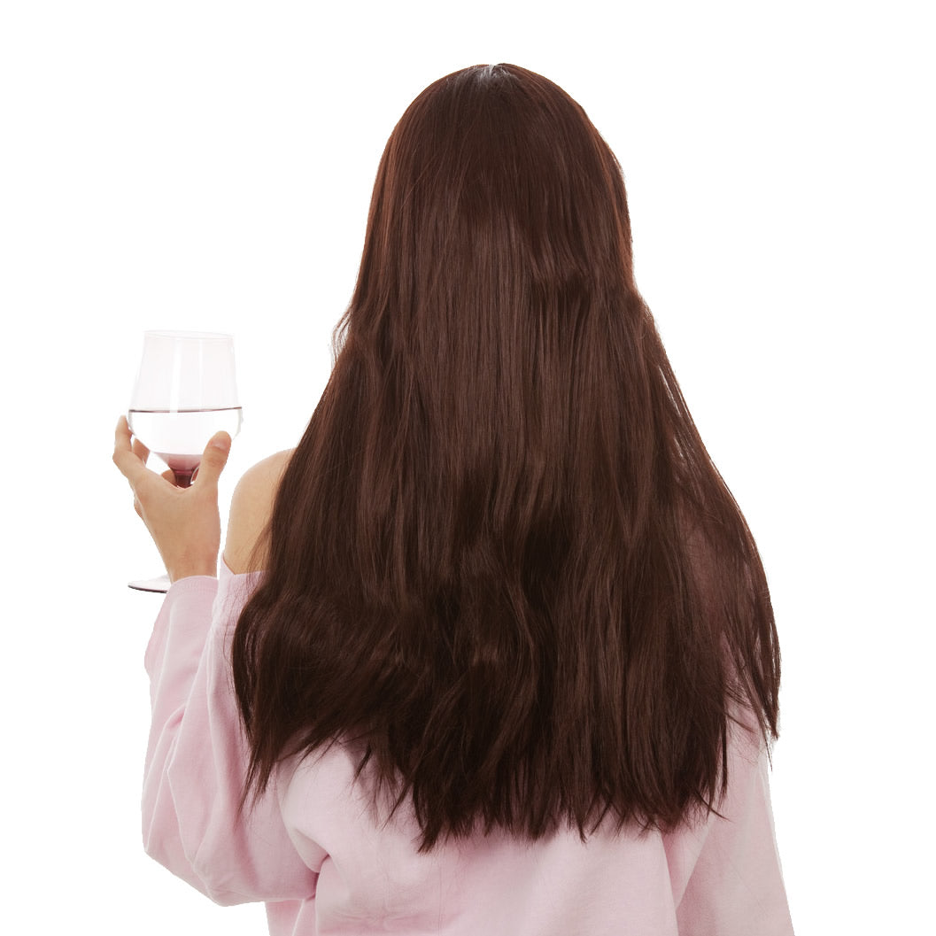 Back of long brown Kimmy style wig from Kath & Kim