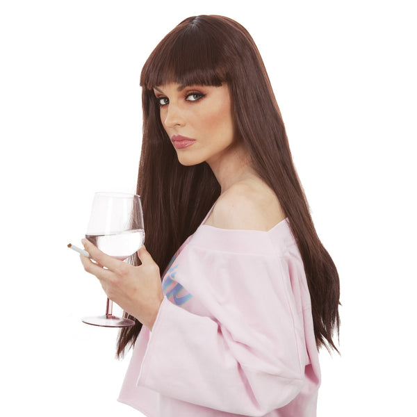 Side view of long brown Kimmy style wig from Kath & Kim