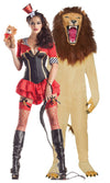 Short bodyshaper Lion Tamer dress with cropped jacket and garters next to lion