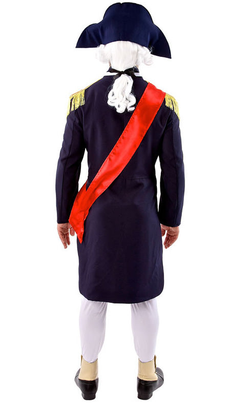 Back of Lord Nelson costume with blue jacket, matching hat, sash, pants and medals
