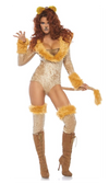 A woman modeling a lion costume with a gold sequined bodysuit, yellow faux-fur trim, matching headband with ears, arm cuffs, thigh bands, and tall brown lace-up boots.