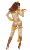A woman modeling a gold and brown lion costume with faux fur trim, matching thigh-high stockings, a long tail, and tall heeled boots.